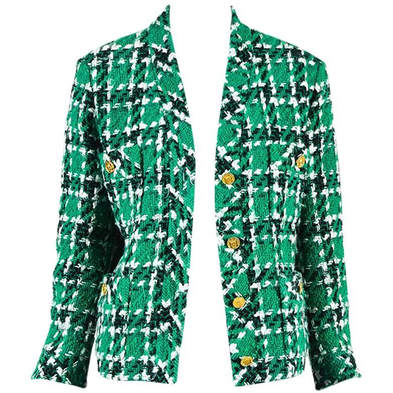 Chanel Boutique Green Wool Houndstooth Tweed Blazer Jacket SZ 36 For Sale