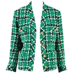 Chanel Boutique Green Wool Houndstooth Tweed Blazer Jacket SZ 36