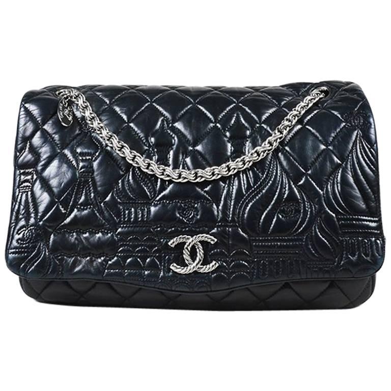 Chanel Black Lambskin Leather Jumbo "Paris Moscou Red Square Kremlin Flap" Bag For Sale