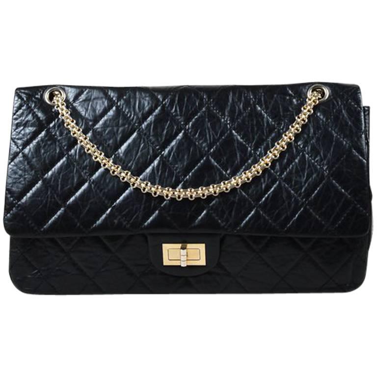 Chanel Black Aged Leather Quilted Double Flap "2.55 Reissue 228" Bag For Sale