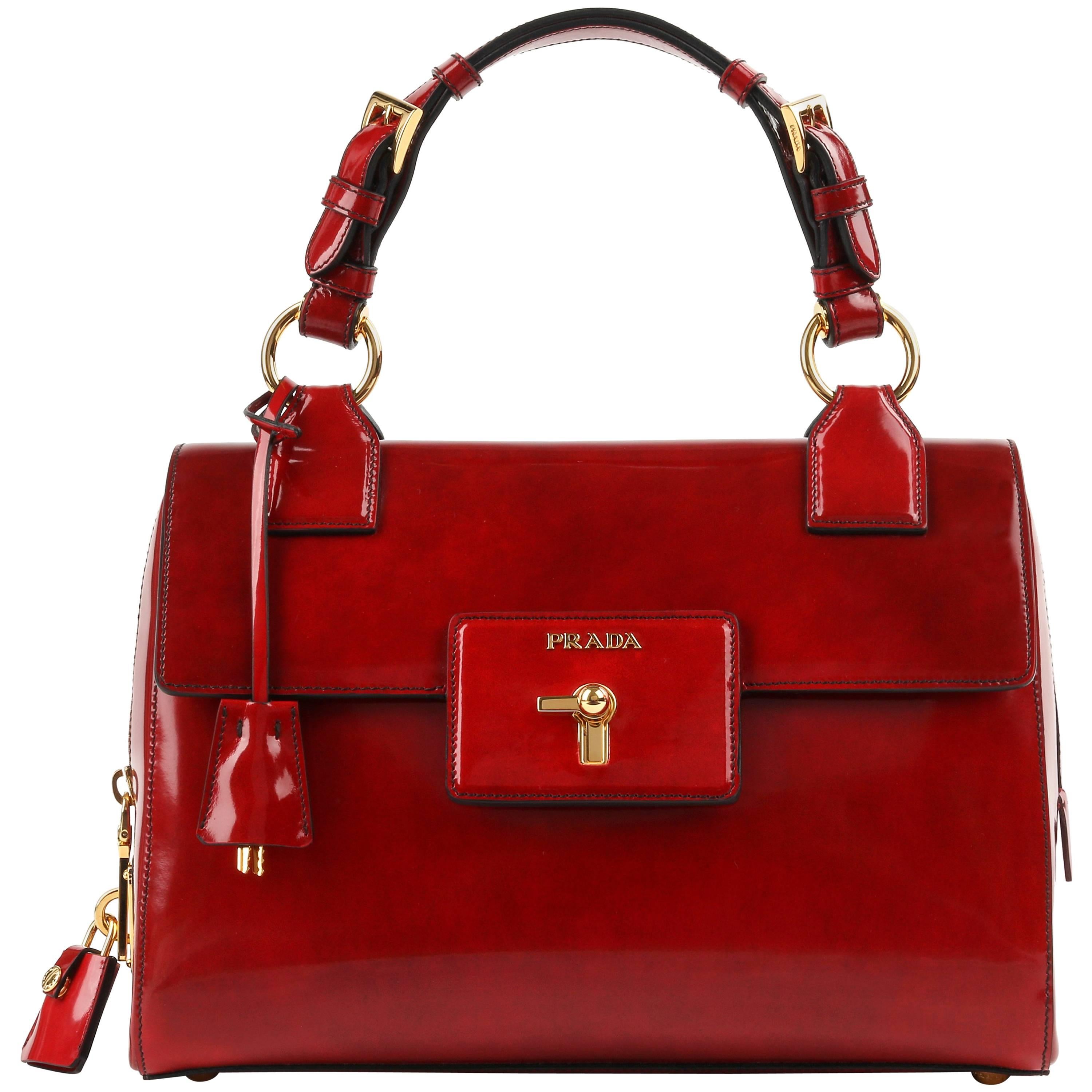 PRADA A/W 2012 Scarlet Red Spazzolato Leather Turn Lock Handbag Purse
