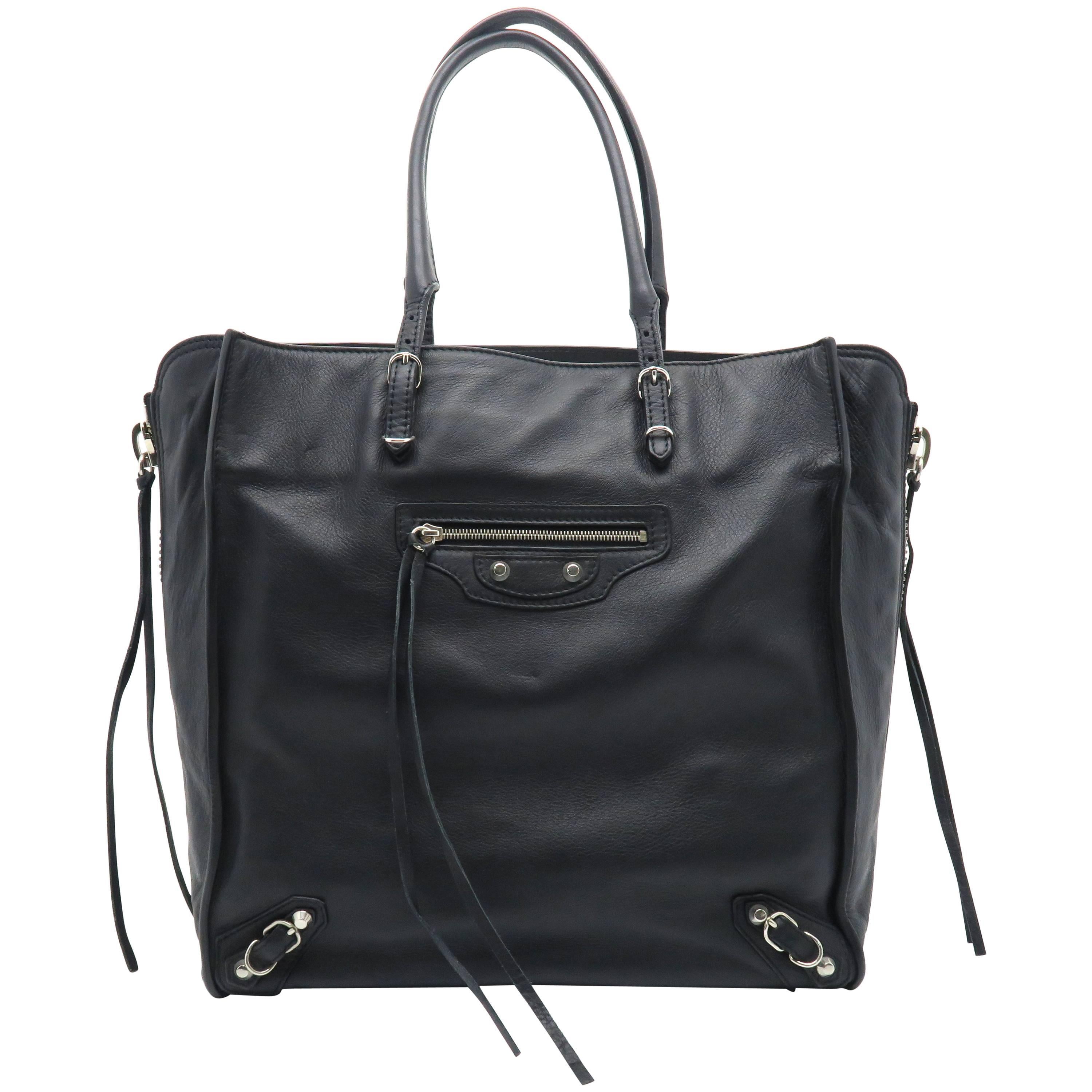 Balenciaga Papier Zip Around Black Calfskin Leather Tote Bag For Sale