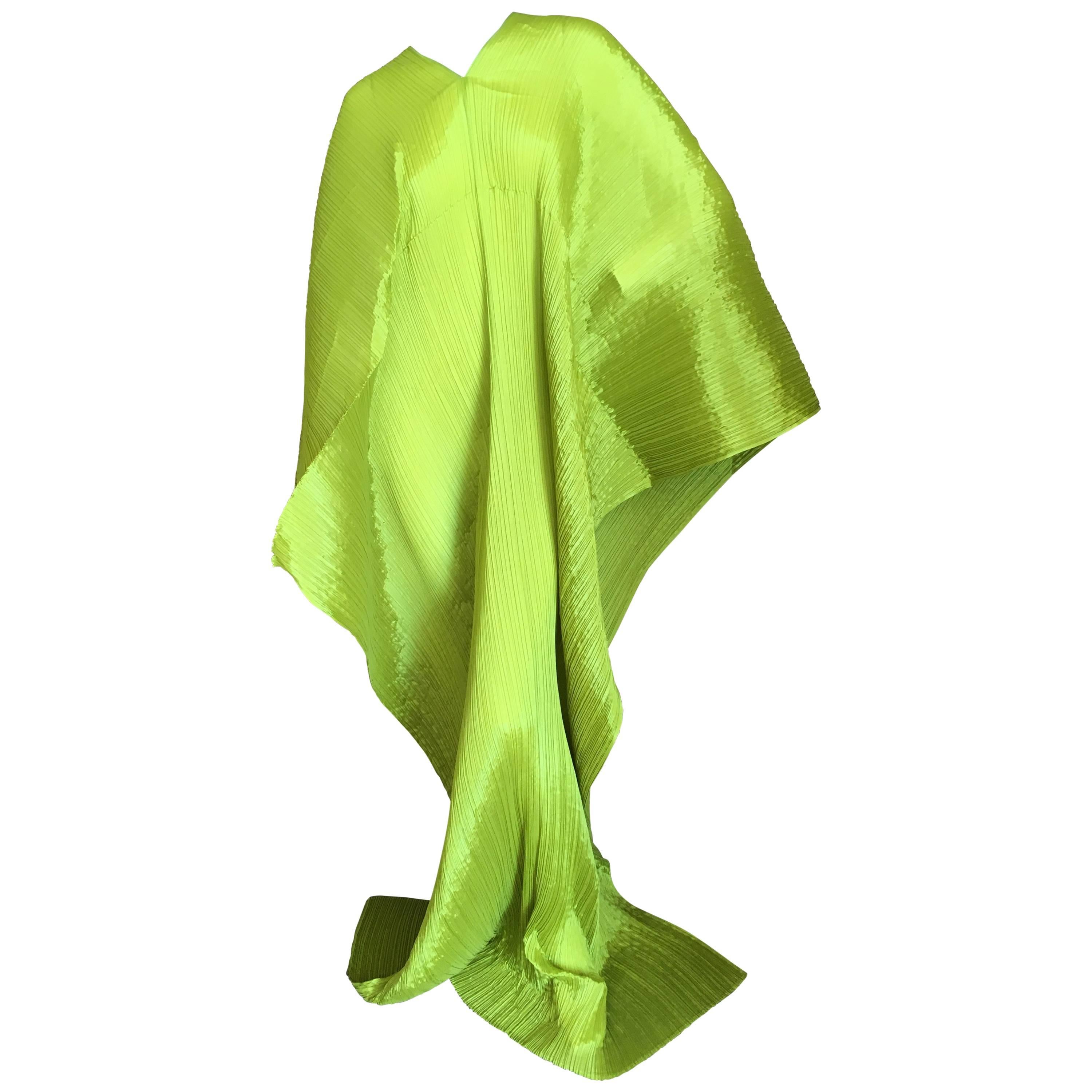 Issey Miyake Sculptural Neon Green Pleated Poncho by Issey Miyake Pleats Please For Sale