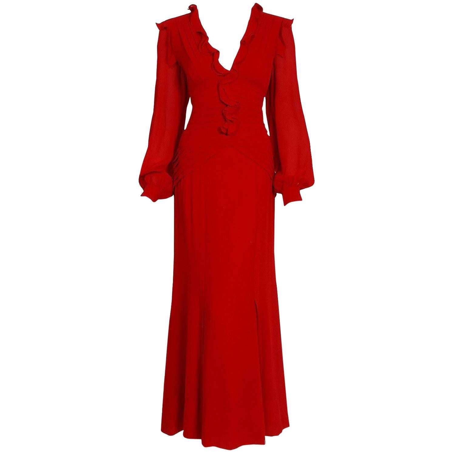 2005 Carolina Herrera Ruby Red Silk Ruffle Plunge Billow Sleeve Full Length Gown