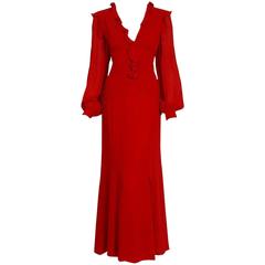 2005 Carolina Herrera Ruby-Red Silk Ruffle Plunge Billow-Sleeve Full Length Gown
