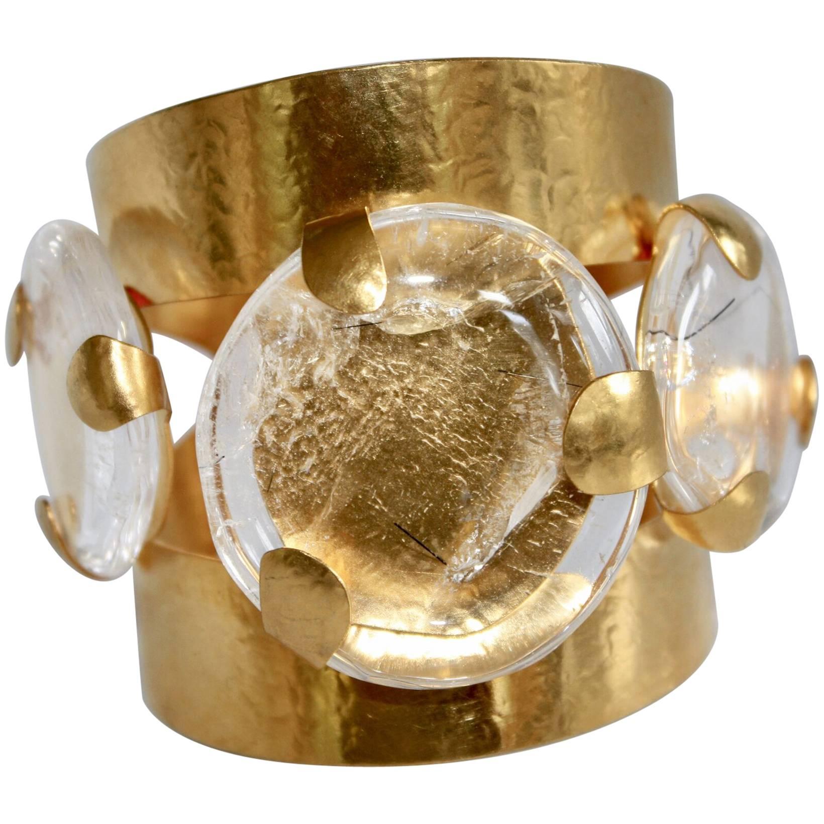 Herve van der Straeten Gilded Brass Cuff With 3 Rock Crystals