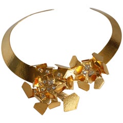 Herve van der Straeten Gilded Brass Crystal Floral Motif Torque Necklace