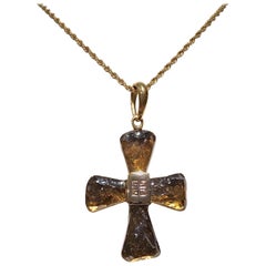 Vintage 1970'S Givenchy Gold & Pressed Glass "G" Logo Cross Pendant Necklace