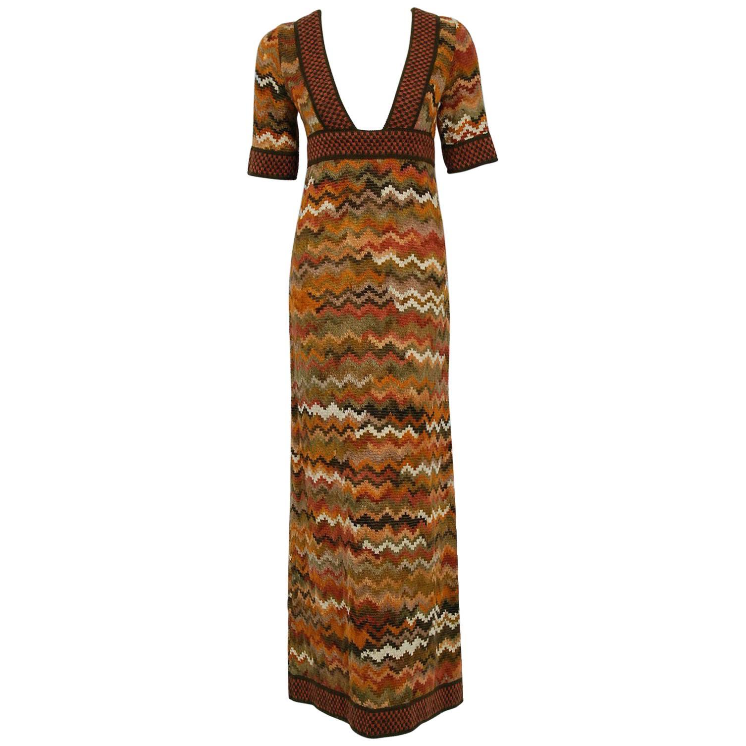 1970's Jean Varon Colorful Ombre Wool Knit Bohemian Low-Cut Plunge Maxi Dress