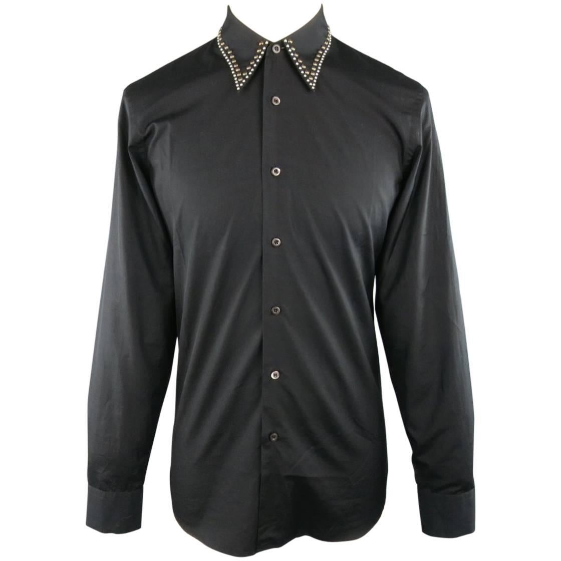 Men's PRADA Size S Black Cotton Fall 2009 Collection Studded Collar Shirt