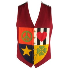 Vintage MOSCHINO Cheap & Chic 42 Burgundy Wool Patchwork Peace Love Crest Vest