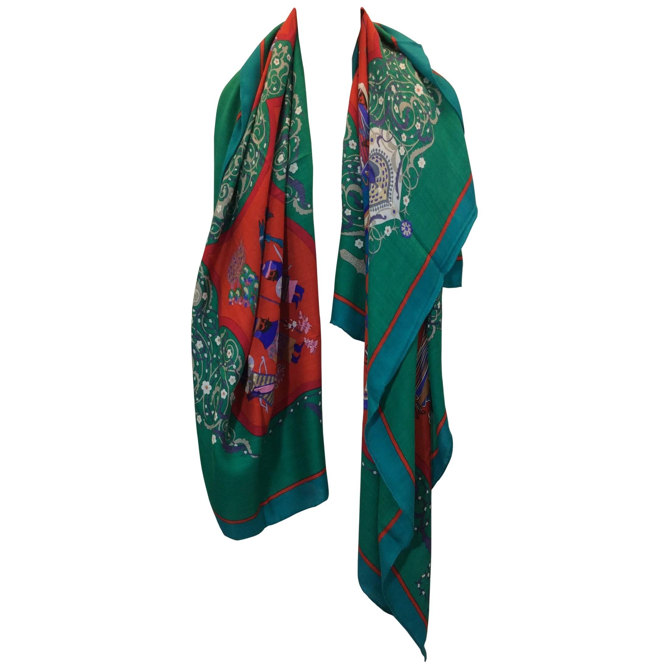 Hermes Red And Bright Green Printed Scarf For Sale