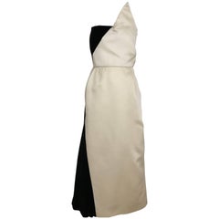 1990s  BILL BLASS Ivory and Black Origami Silk Strapless Vintage 90s Gown