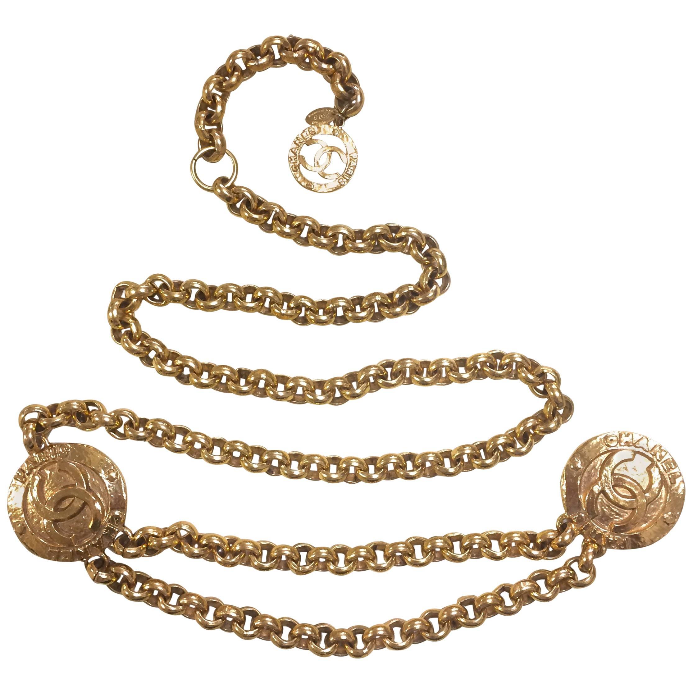 Vintage CHANEL golden nice and heavy chain belt with two large CC round  charms. at 1stDibs