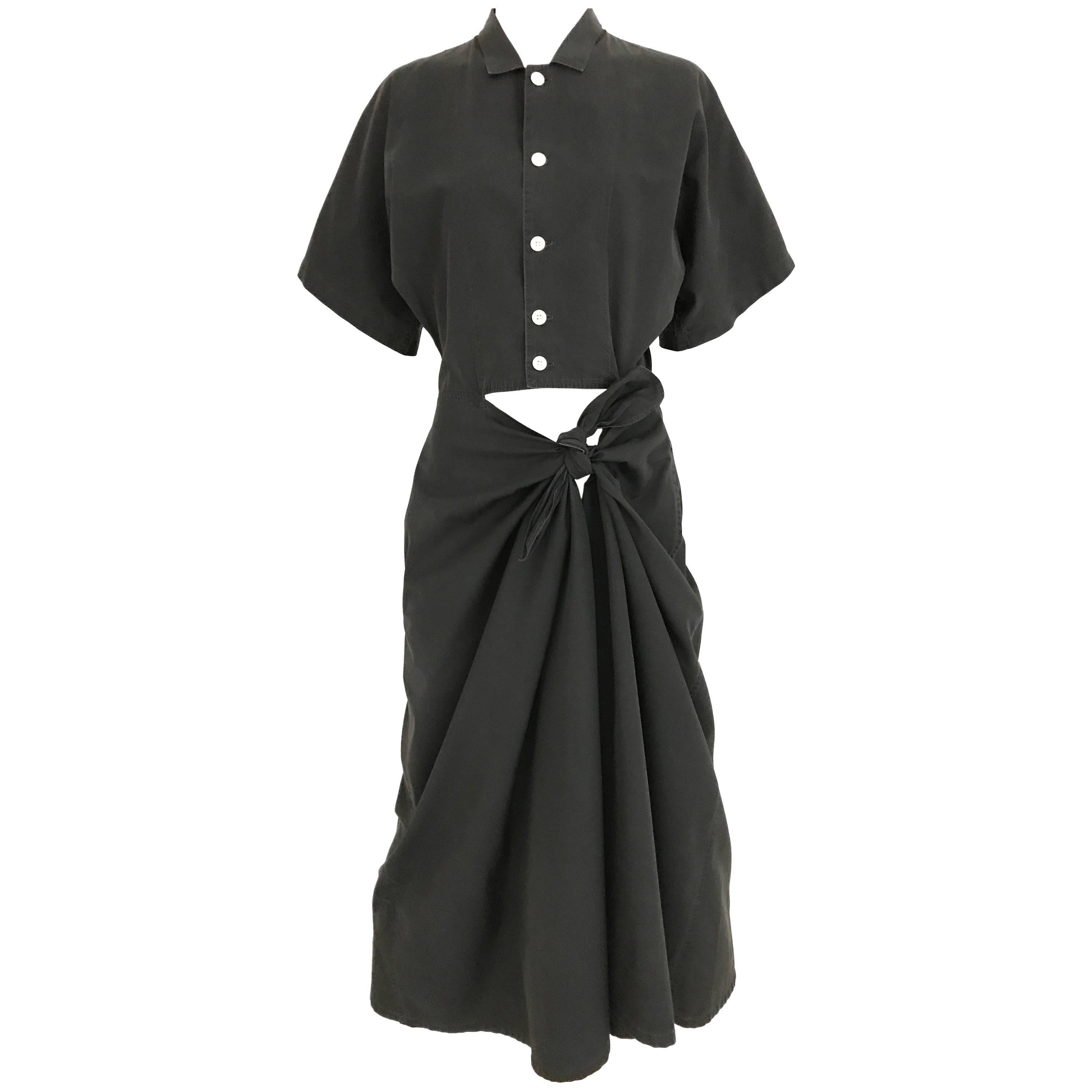 1990s Yohji Yamamoto Black Cotton Dress with Cut out wrap skirt