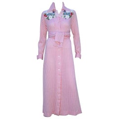 1970's Neiman Marcus Knit Shirt Dress With Floral Appliques