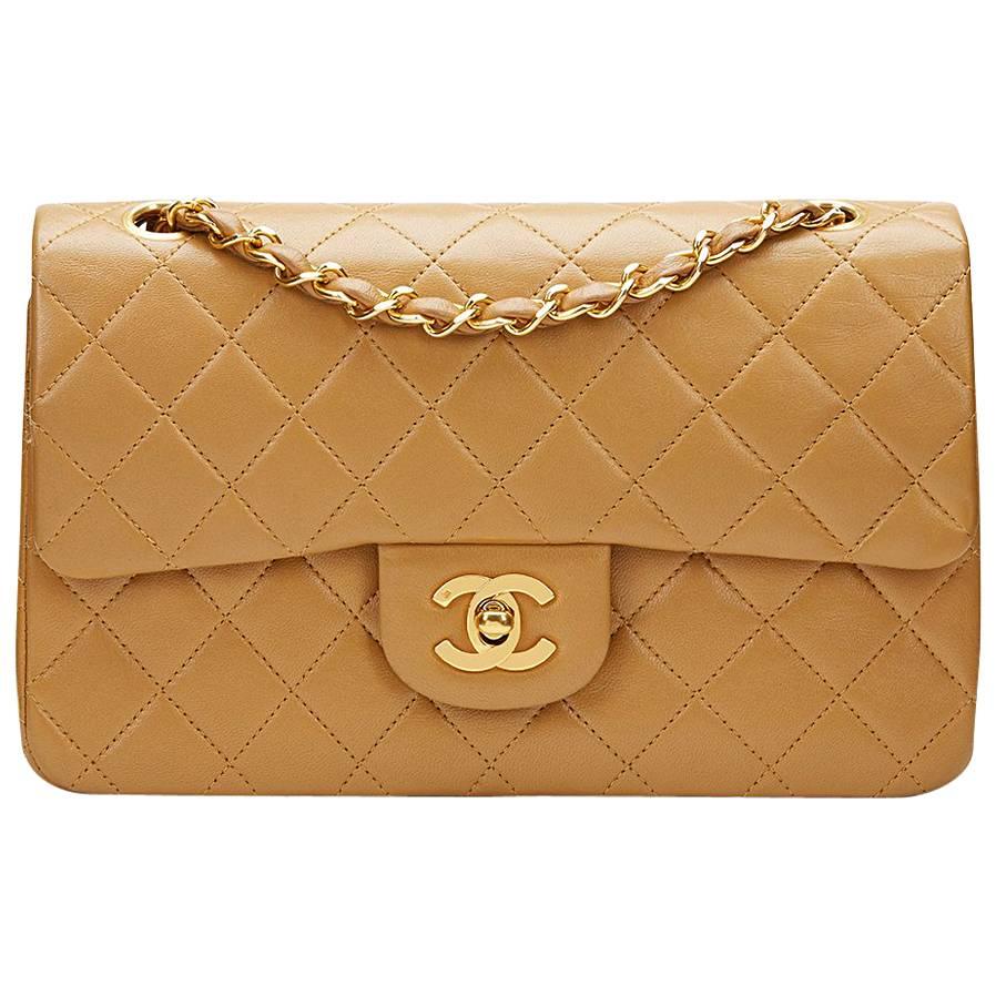 1990s Chanel Light Brown Quilted Lambskin Vintage Small Classic Double Flap Bag