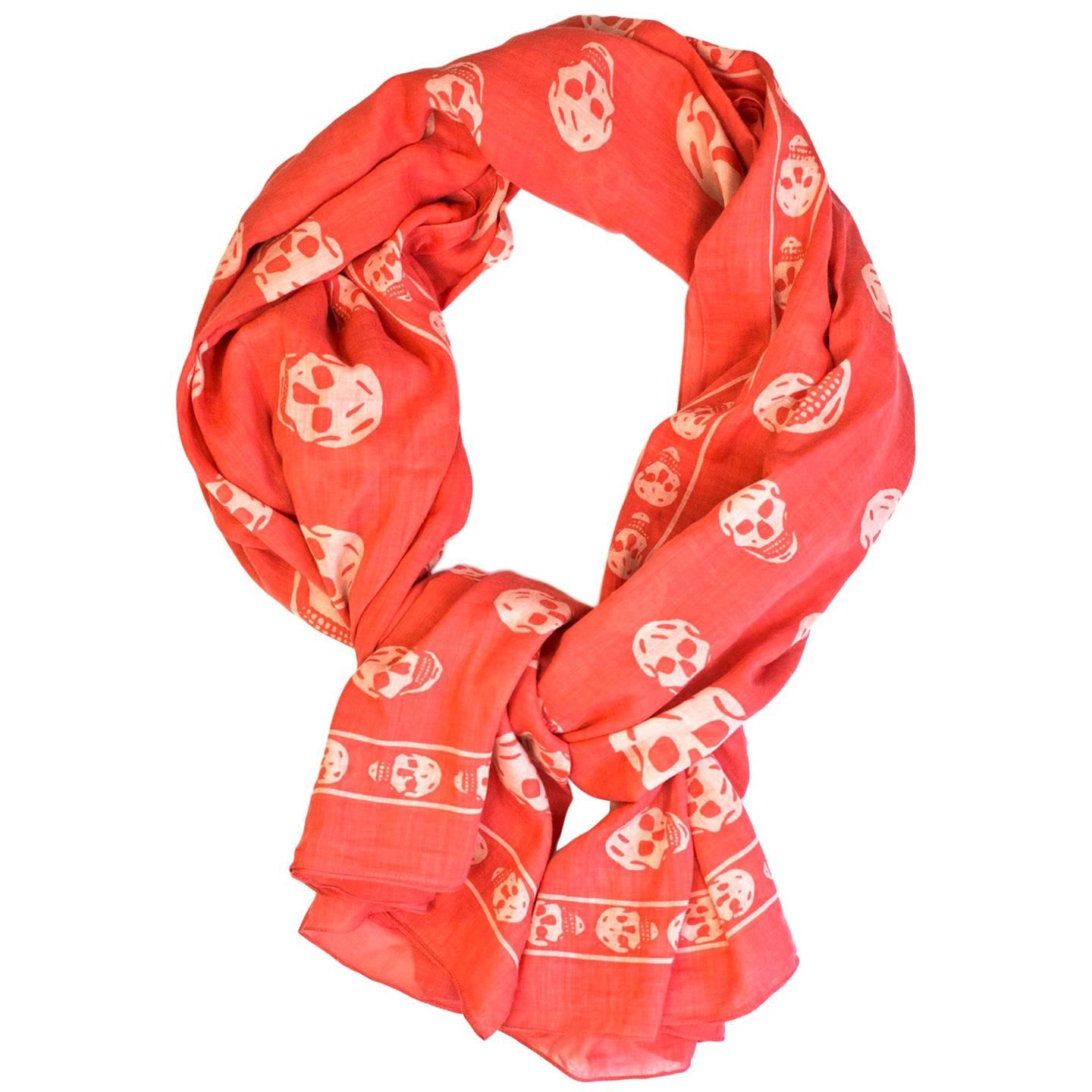 Alexander McQueen Cotton Coral and White Classic Skull XL Scarf