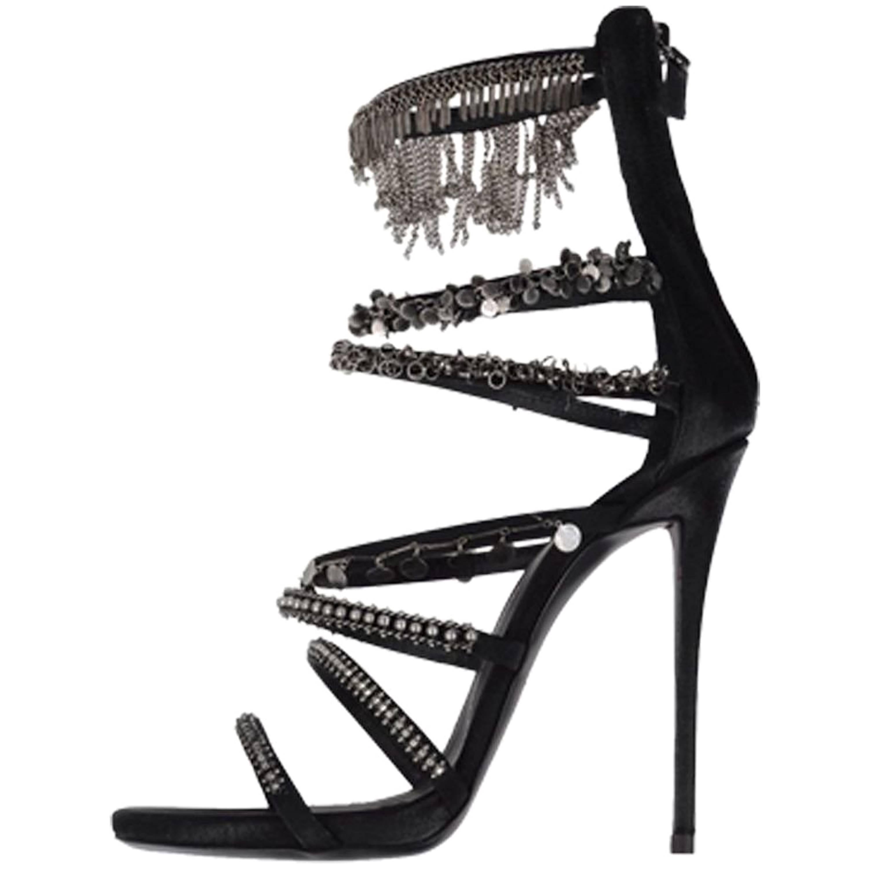 Giuseppe Zanotti New Sold Out Black Suede Silver Coin Chain Heels Sandals in Box