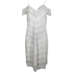 Vintage Joy Stevens off white V fringe cocktail dress 1970s 9