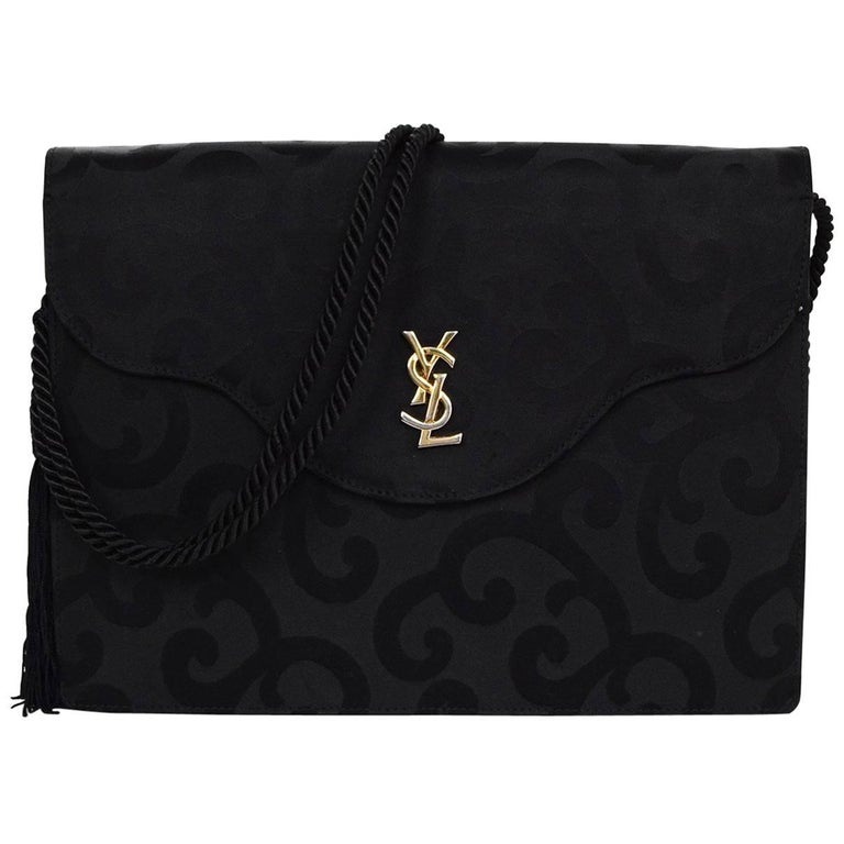 YSL Vintage Black Filigree Print Monogram Satin Evening Crossbody/Clutch Bag For Sale at 1stdibs