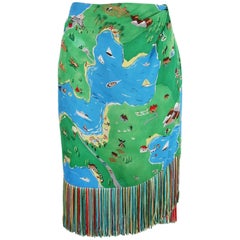 1992 S/S Perry Ellis by Marc Jacobs Novelty Print Silk Wrap Skirt w/Fringe