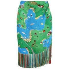 Vintage 1992 S/S Perry Ellis by Marc Jacobs Novelty Print Silk Wrap Skirt w/Fringe