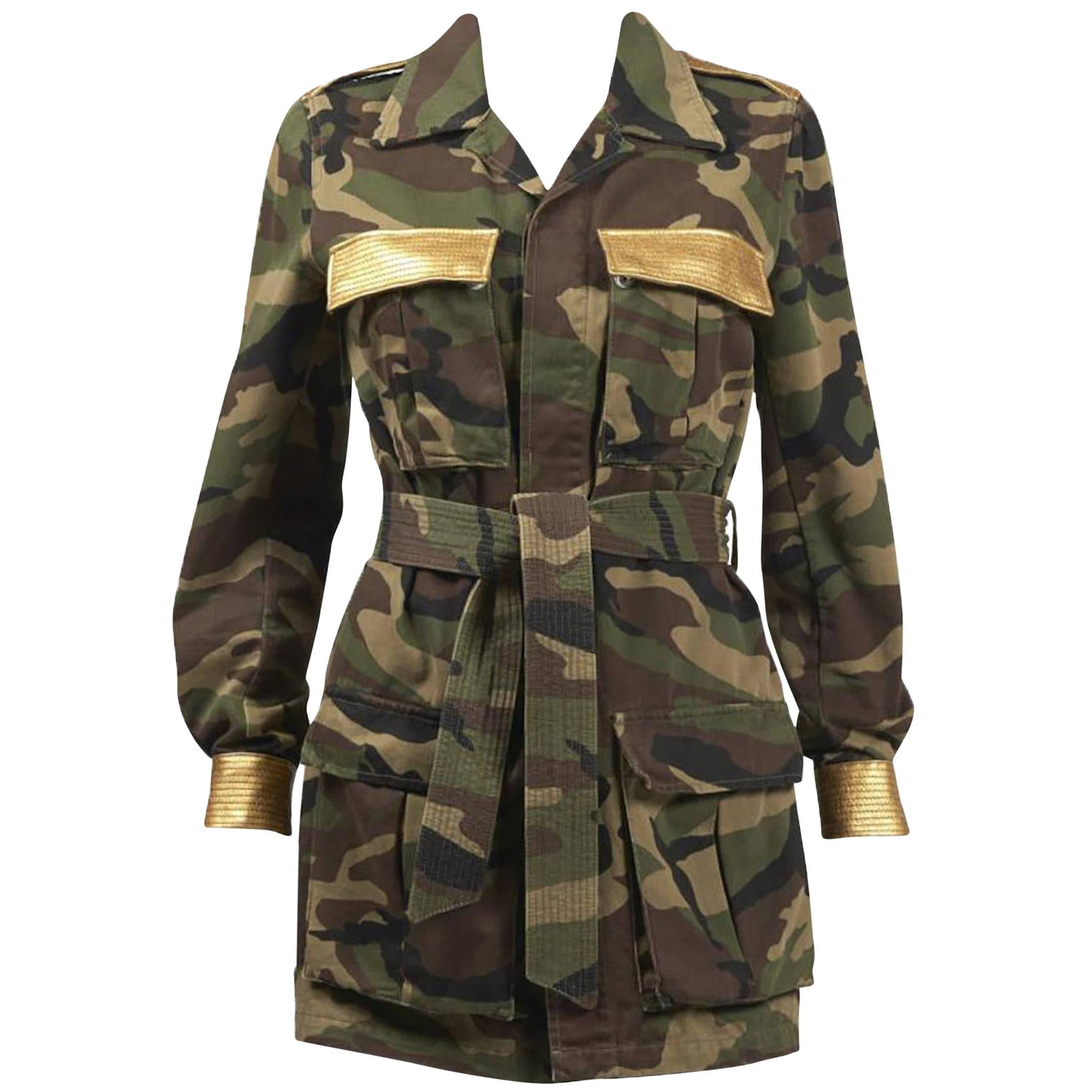 2015 Saint Laurent by Hedi Slimane Military Style Camouflage Jacket w/Gold Trim