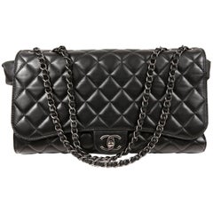 Chanel Klassische Supermarket-Einkaufstasche mit Kordelzug aus schwarzem Lammfell