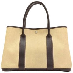 Hermes Garden Party PM Chocolate Brown Leather Beige Canvas Hand Bag 