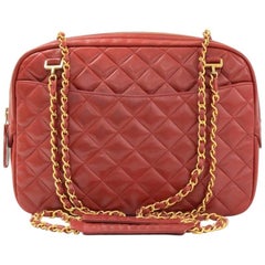 Vintage Chanel Red Quilted Leather Gold Tone Chain Shoulder Bag + Wallet