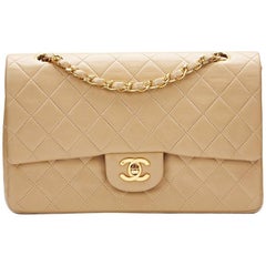 1990s Chanel Beige Quilted Lambskin Vintage Medium Classic Double Flap Bag