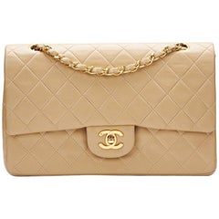 1990s Chanel Beige Quilted Lambskin Vintage Medium Classic Double Flap Bag