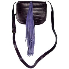 BALMAIN - Sac en cuir de crocodile violet et franges en daim lilas