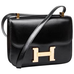 Vintage Hermes 'Constance' Black Box Calf Leather Flap Bag