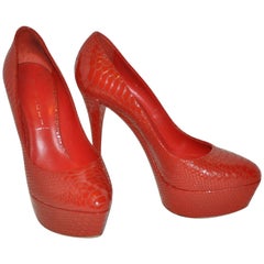 Casadei Fire-Engine Red Embossed Lizard Patent Leather Platform Pumps