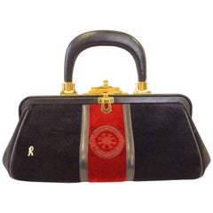 Vintage 1970s Roberta di Camerino Velvet Black Red Gold Top Handle Purse 