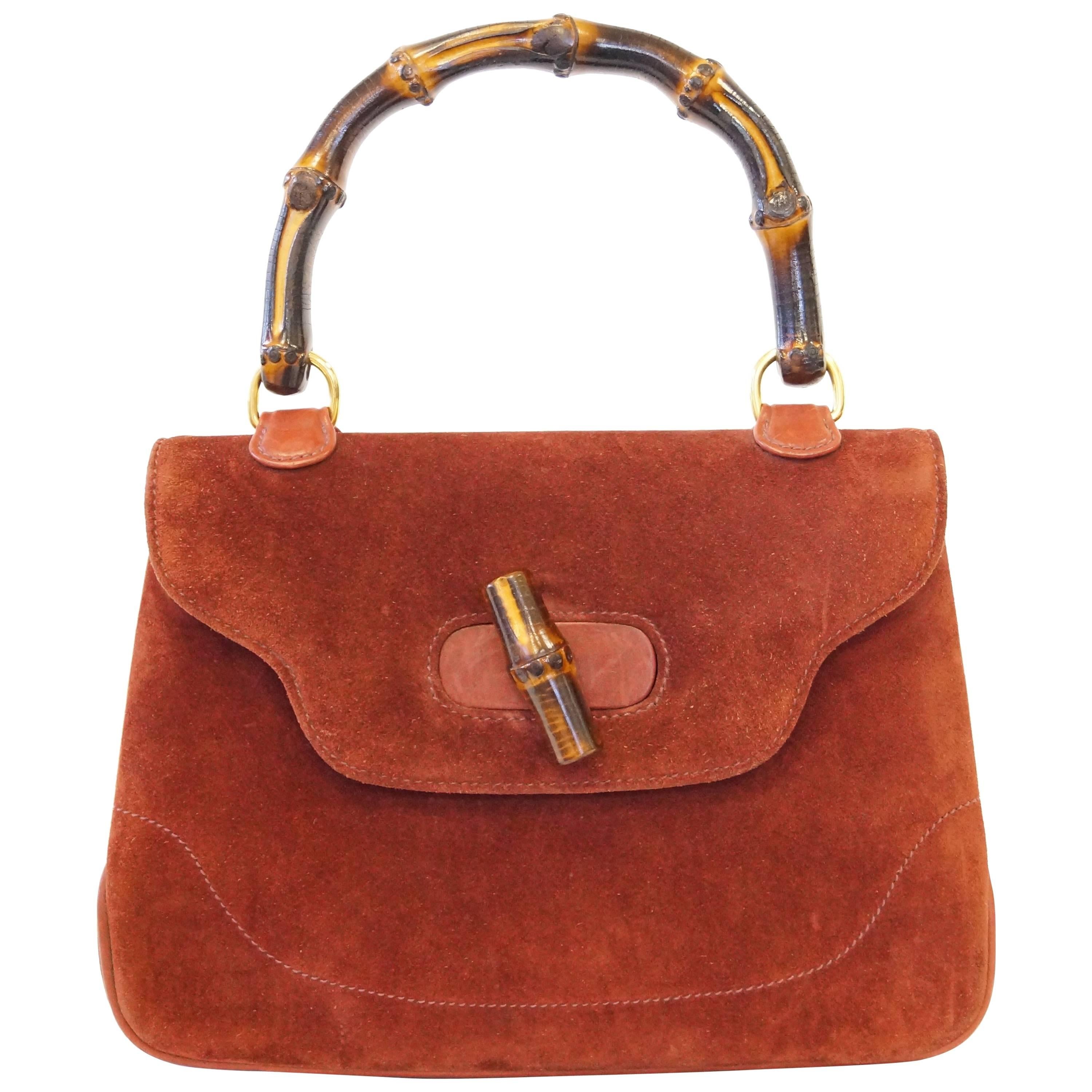 Gucci Rust Colored Suede and Bamboo Purse, 1970s 