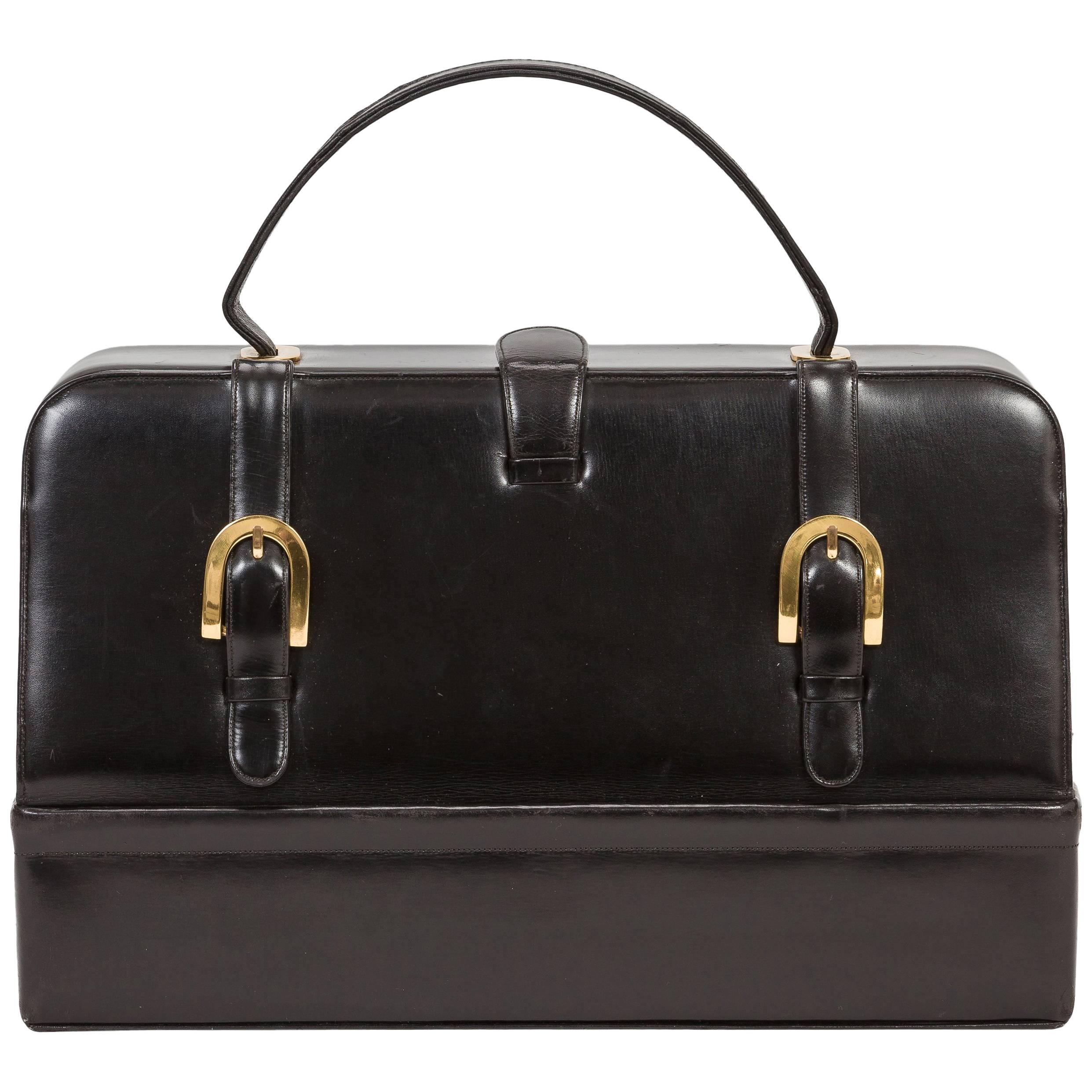 1960's Prestige Leather Box Bag w/Buckle Motif, Top Handle & Red Interior