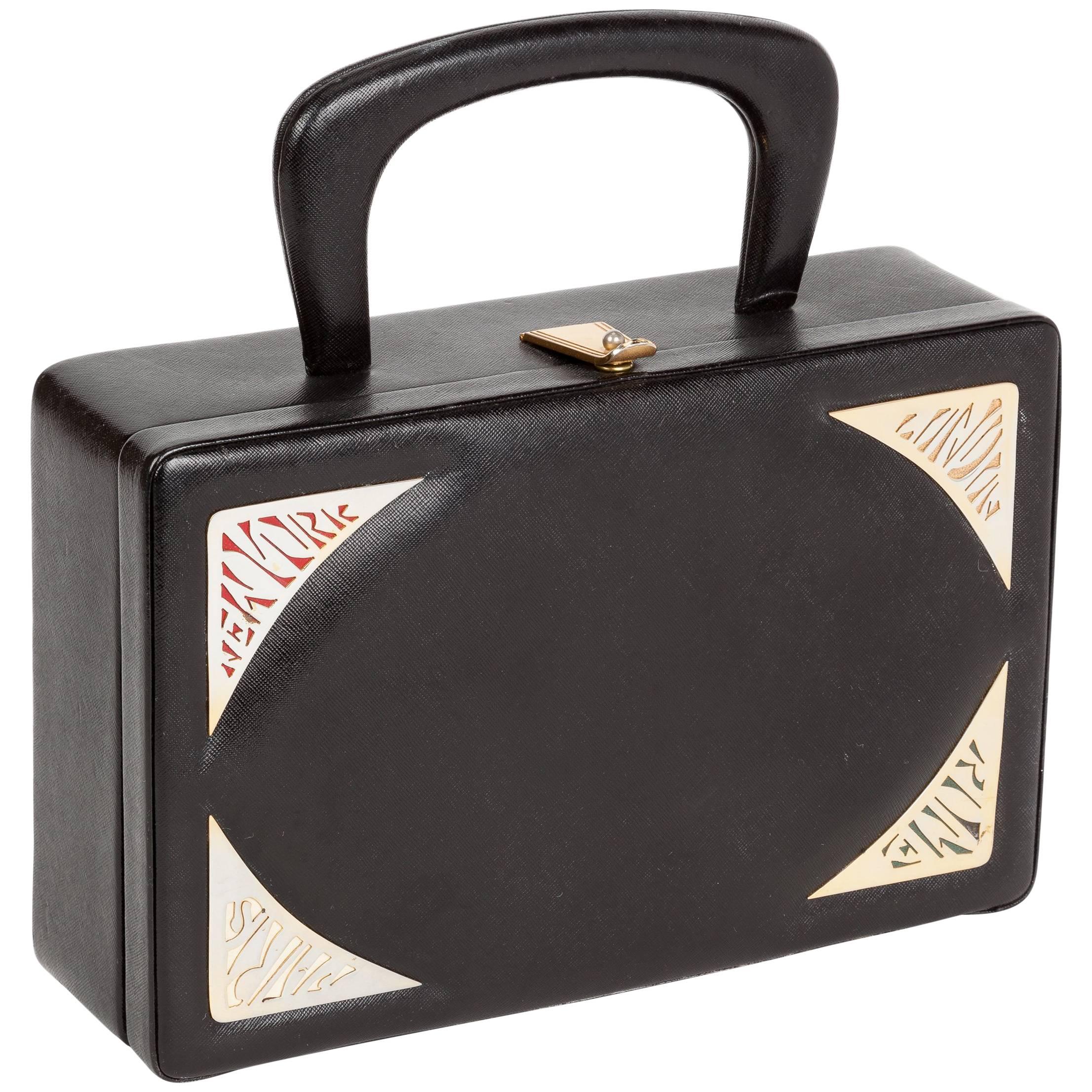 1960's Prestige Black Leather Destination Box Purse For Sale