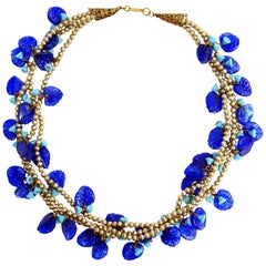 Mid Century Miriam Haskell Poured Art Glass Cobalt Flower Necklace