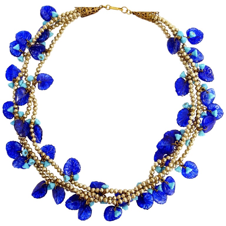 Mid Century Miriam Haskell Poured Art Glass Cobalt Flower Necklace at ...