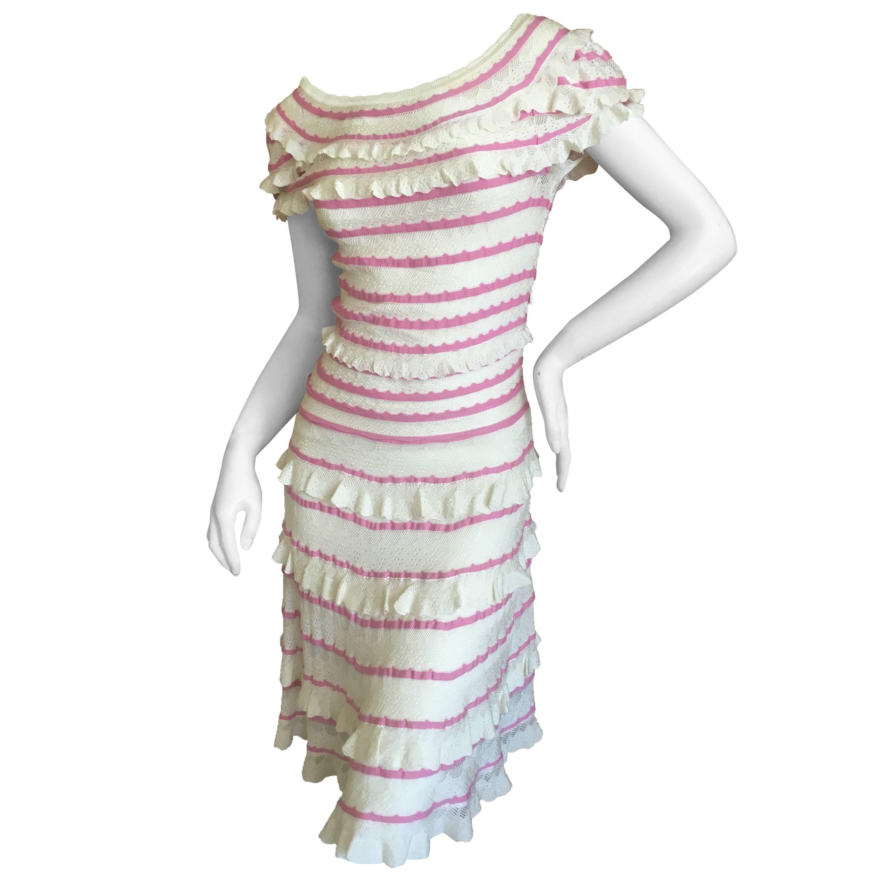 Christian Dior by John Galliano Romantic Ruffled Pink and Cream Knit Dress For Sale