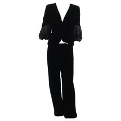 Giorgio Armani Black Velvet Pant Suit with Puffed Sleeves - 42