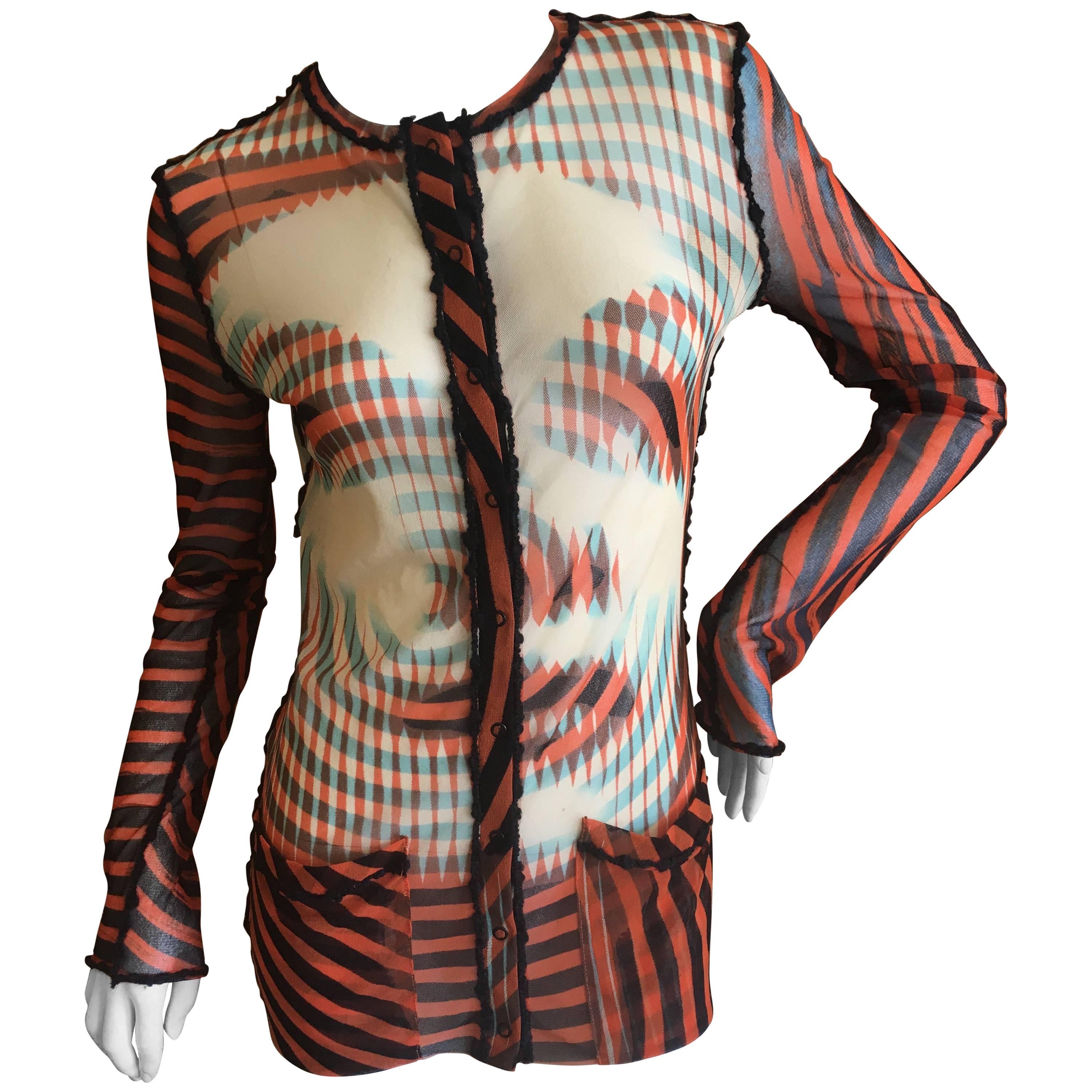 Jean Paul Gaultier Vintage Face Print Sheer Snap Front Cardigan For Sale