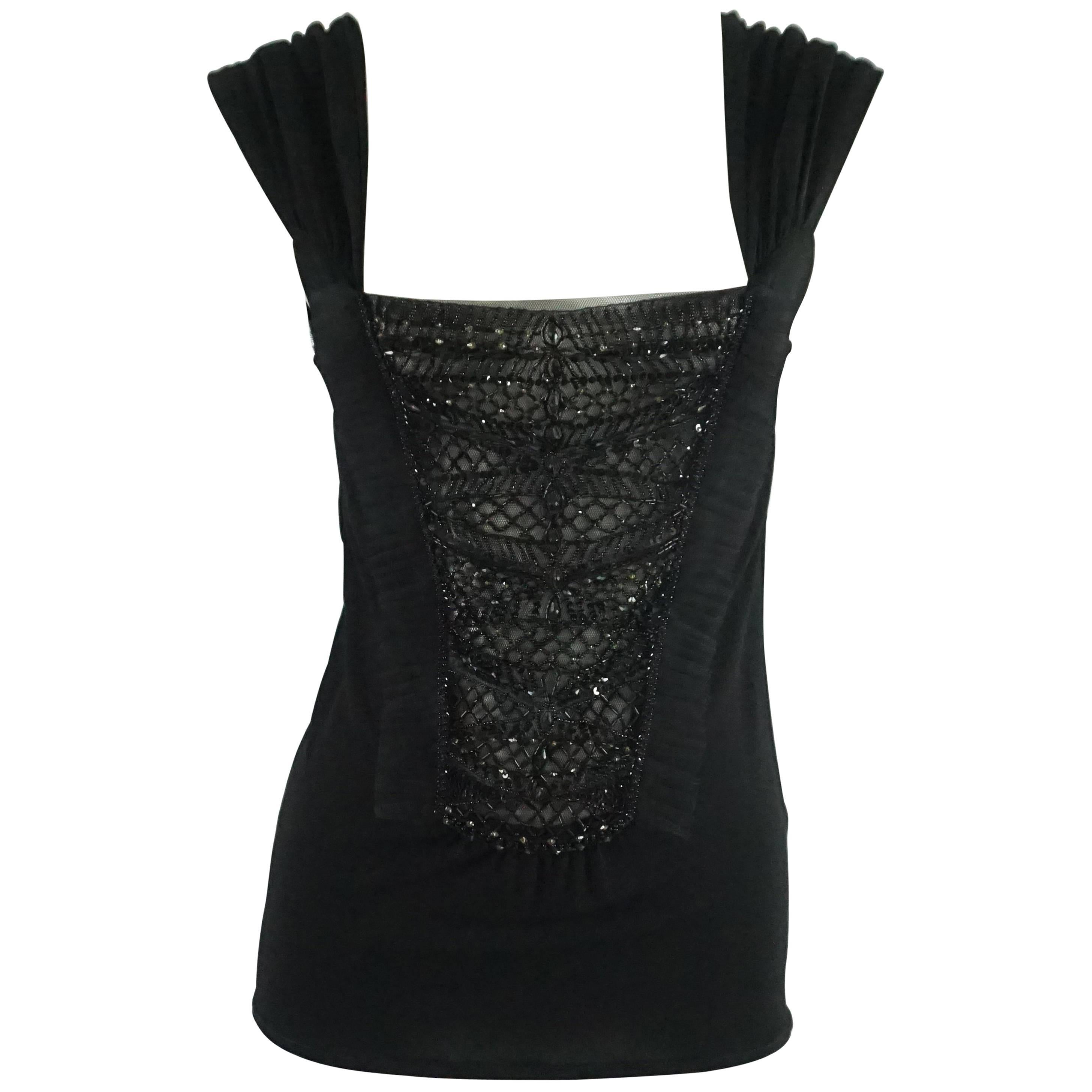 Valentino Black Silk Knit Top with Beading and Lace - 44