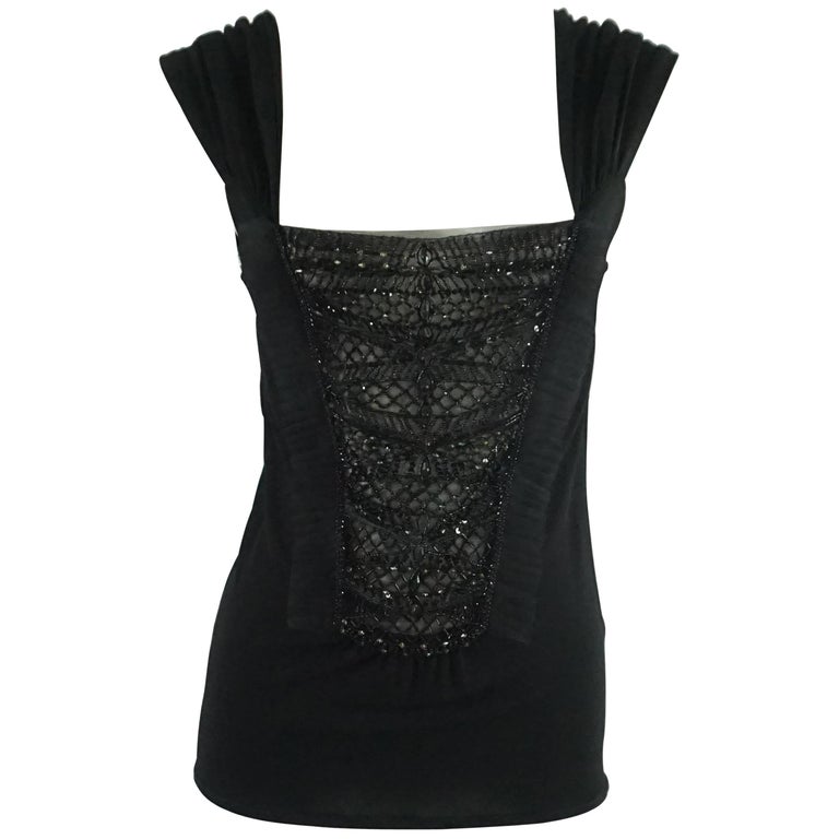 Valentino Black Silk Knit Top with Beading and Lace - 44 For Sale at ...