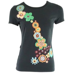 Moschino Jeans Black Cotton and Floral Painted and Beaded Vintage T-Shirt - 10