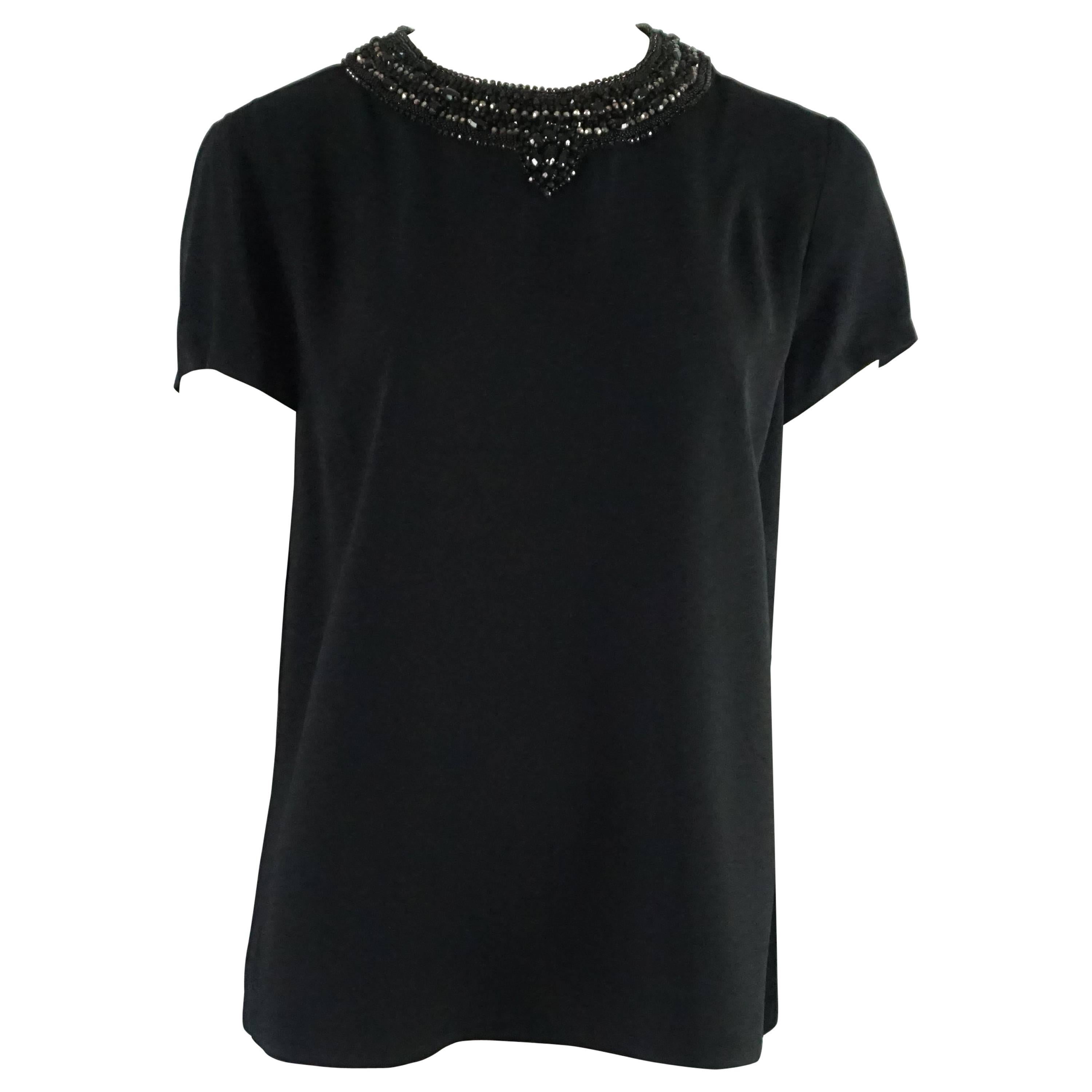 Ralph Lauren Black Label Black Short Sleeve Top with Beadwork - 10 For Sale  at 1stDibs