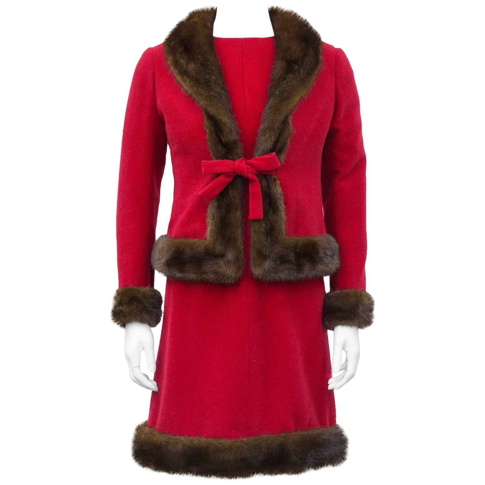 1960's Nina Ricci Haute Couture Red Wool Ensemble with Mink Trim For Sale